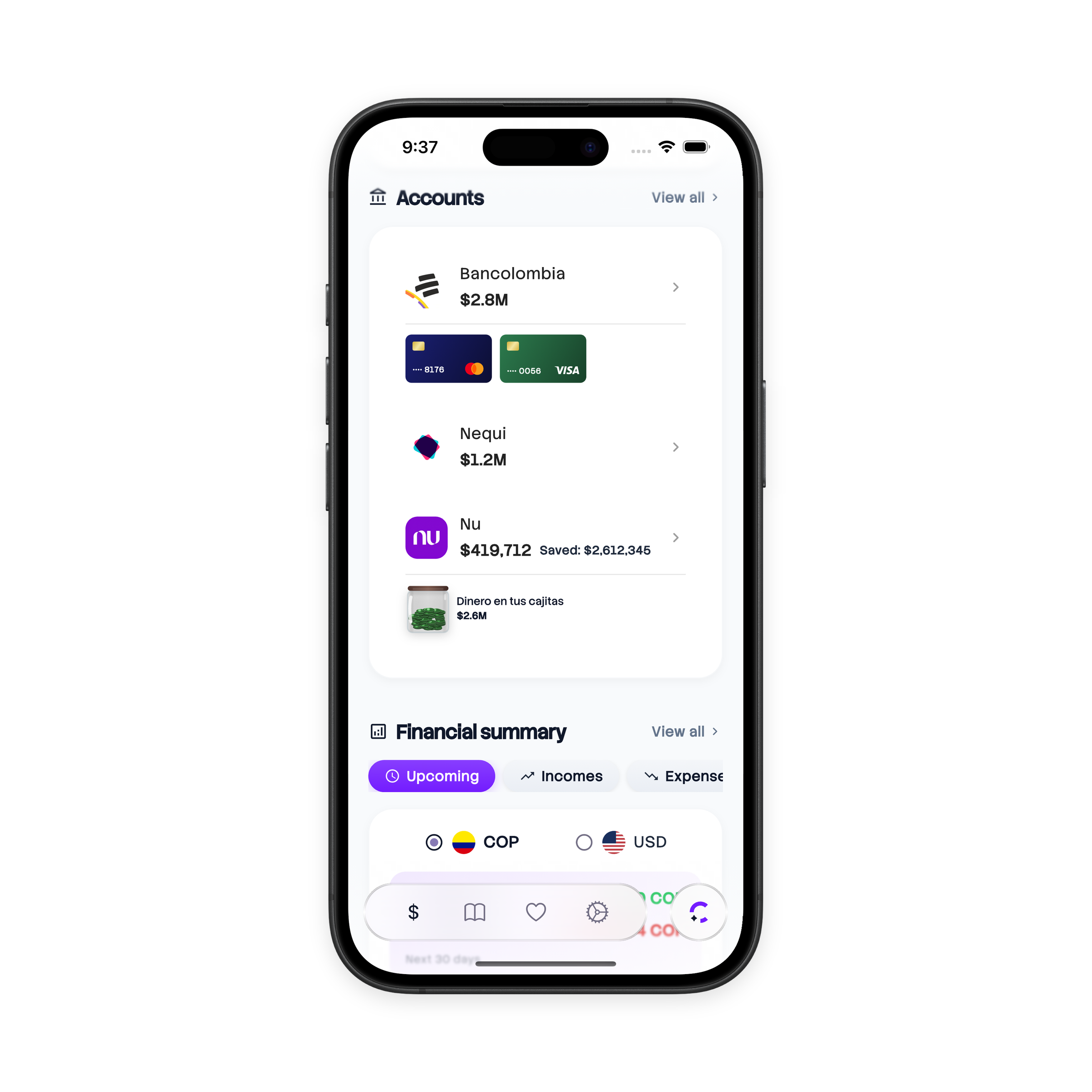 Cuentas — Bancolombia, Nequi, Nu y ahorros juntos