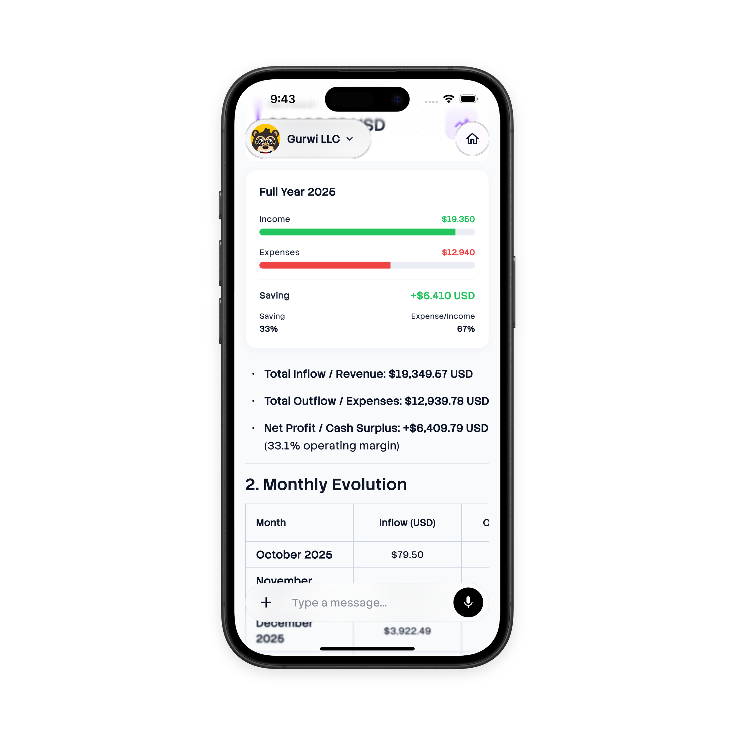 Chat del agente — El agente responde con un informe financiero en el chat