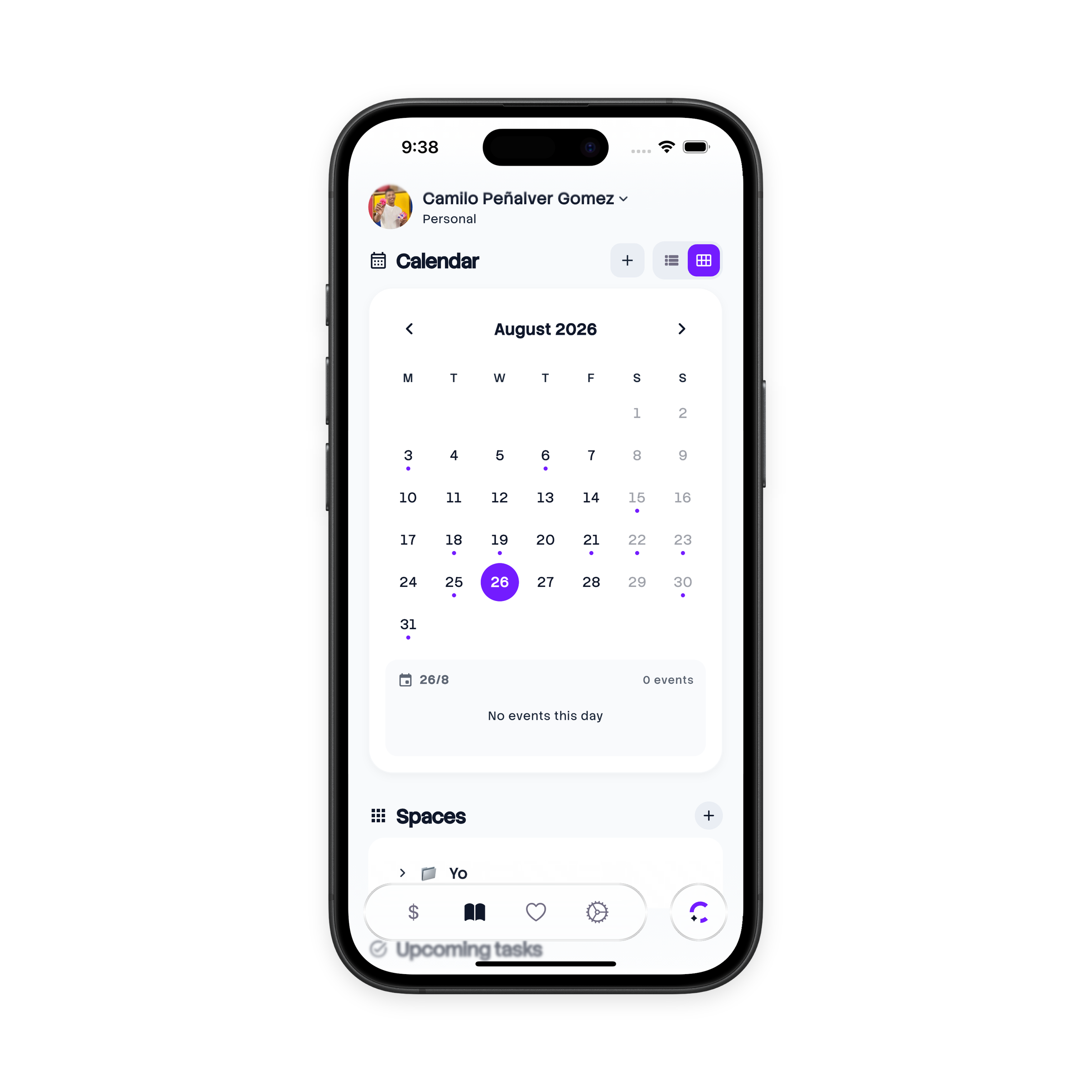 Calendario — Agenda del mes y tus espacios