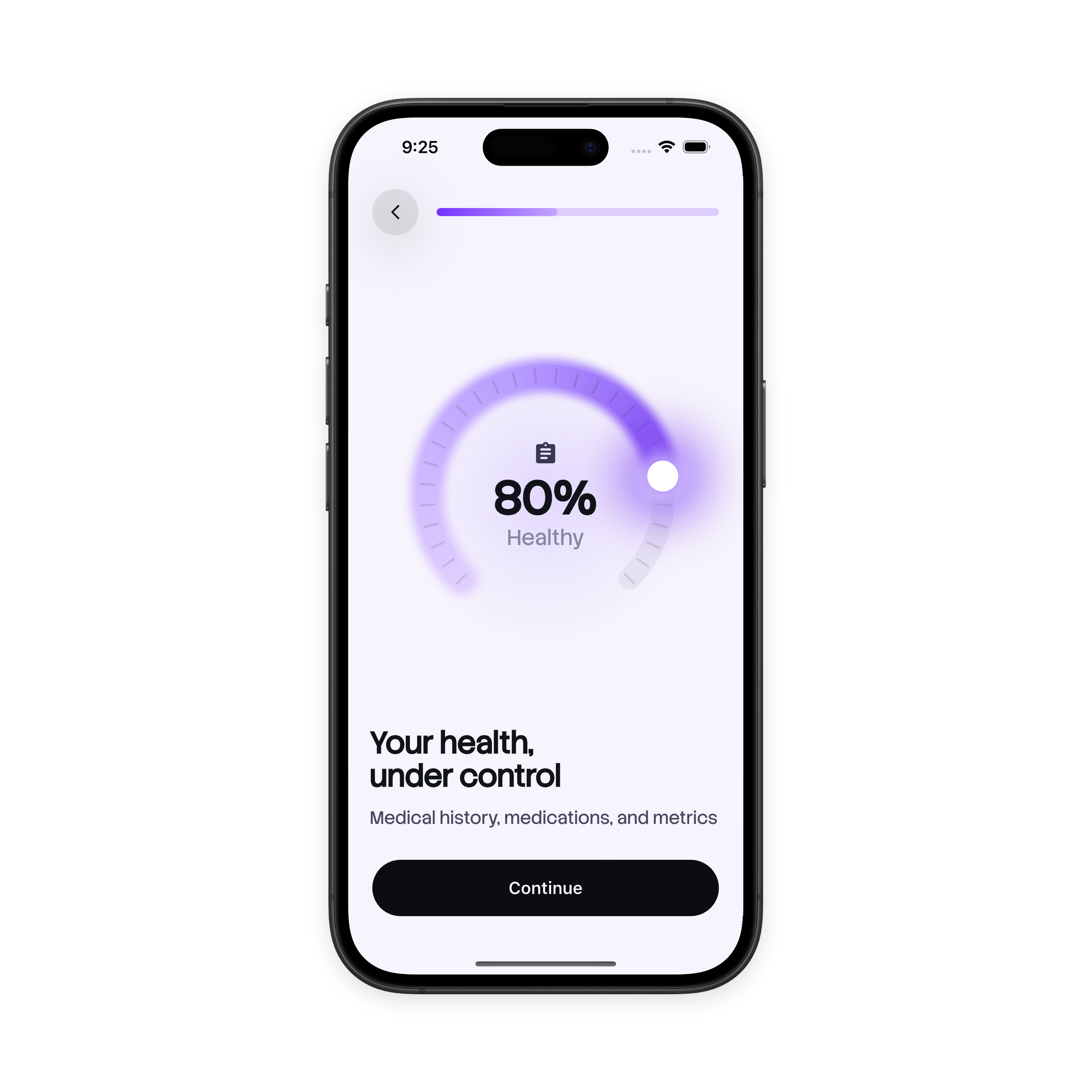 Onboarding salud — Historial médico, medicamentos y métricas